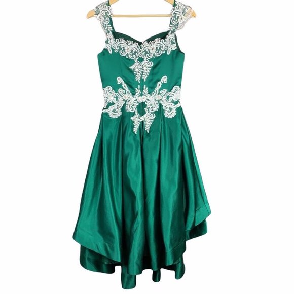 VTG Green Short High Lo Asymmetrical Embroidered Retro Formal Dress Gown - Picture 4 of 11